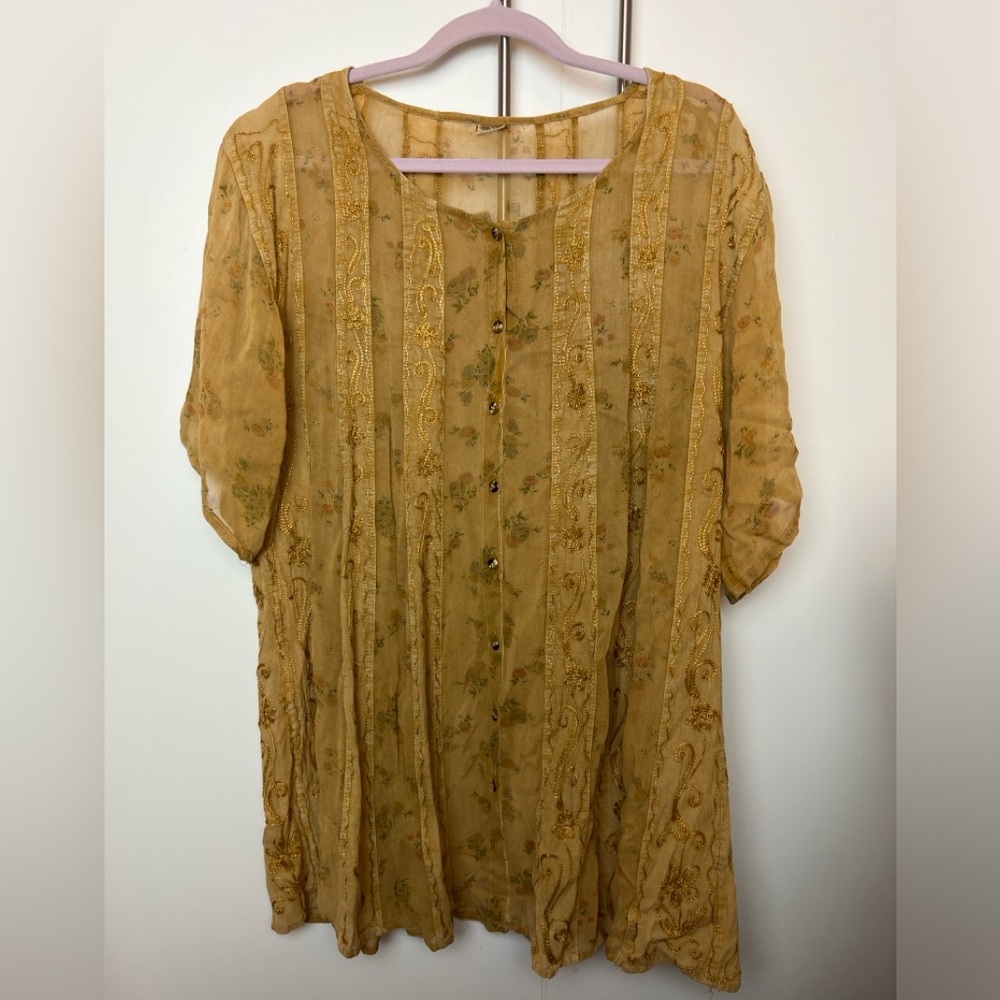 Vintage India Gauze Boho Blouse Womens Floral Embroidered Cottagecore Peasant